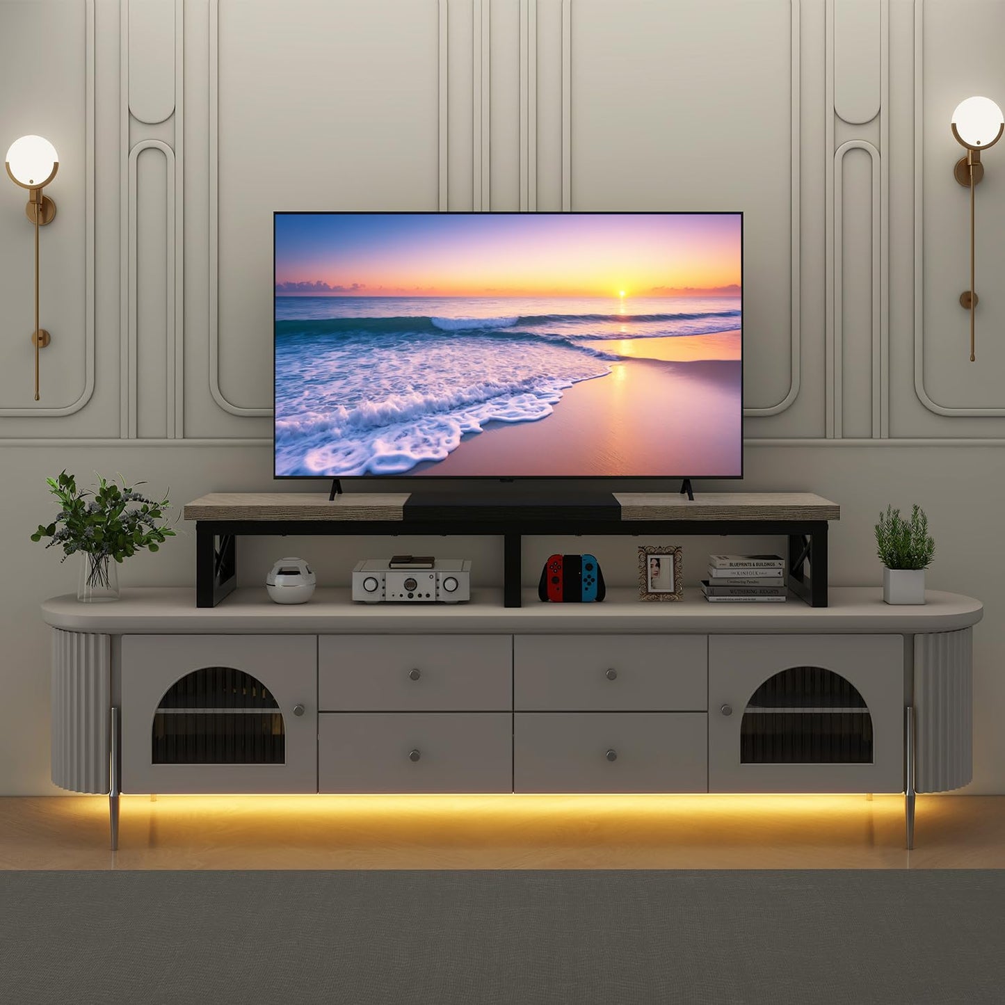 IBUYKE 45" Large TV Riser for 32-60 inch TV,Tabletop Short TV Stand with Storage and Steel Legs,Dual Screen Office Desk,Stand Riser,TV Riser Stand
