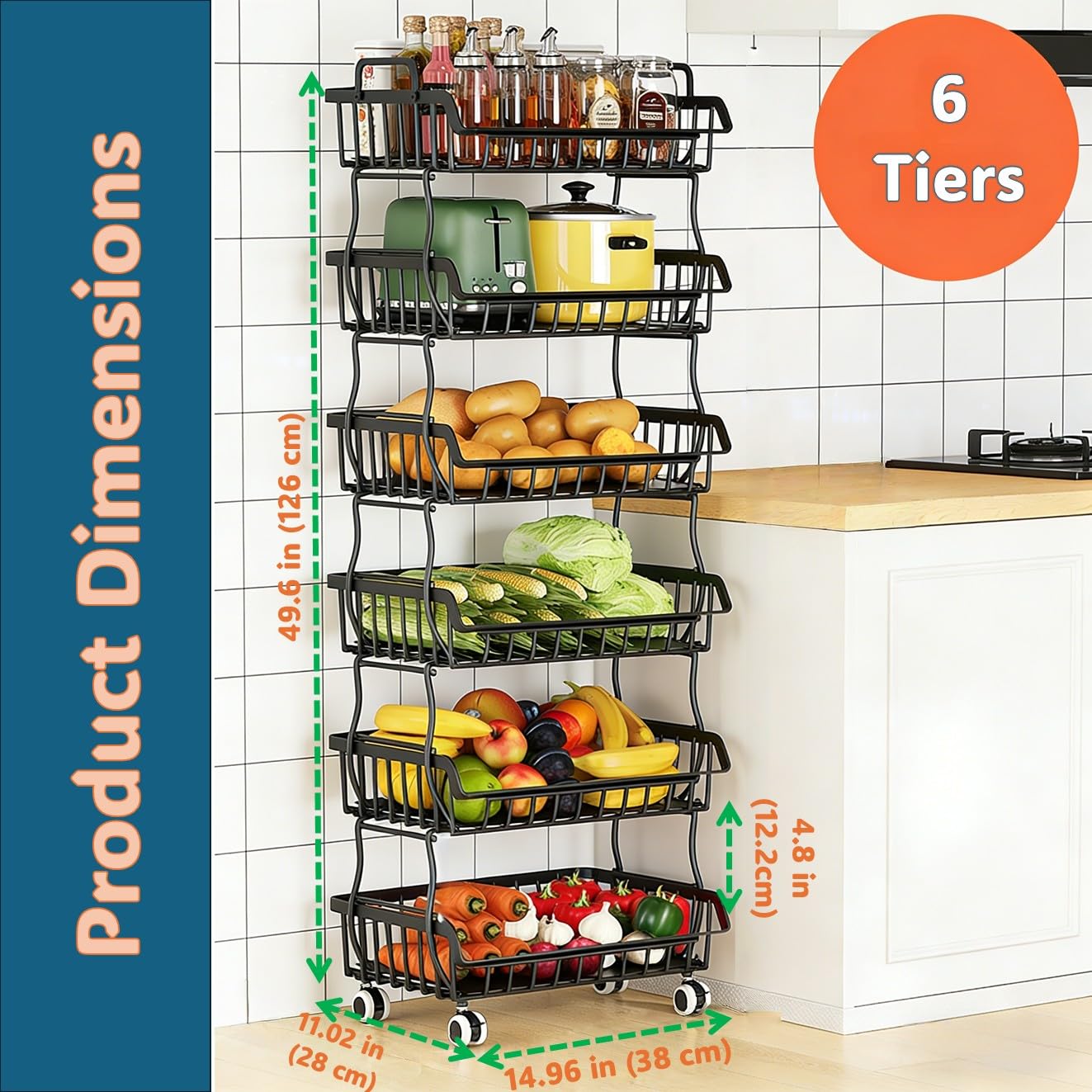 Metal Wire Basket with Top handle and Rolling wheels, Stackable Separable Storage Cart, Heavy Duty Organizer for Kitchen, Bathroom, Bedroom