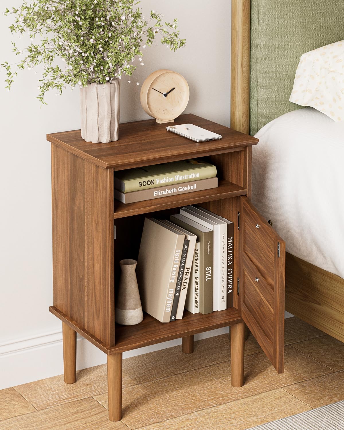HEYZOEY Wooden Bedside Cabinet with Door & Open Top Shelf – Side Table for Bedroom & Living Room,Fits Small Space (Walnut 15.35″x 11.42″x23.5″)