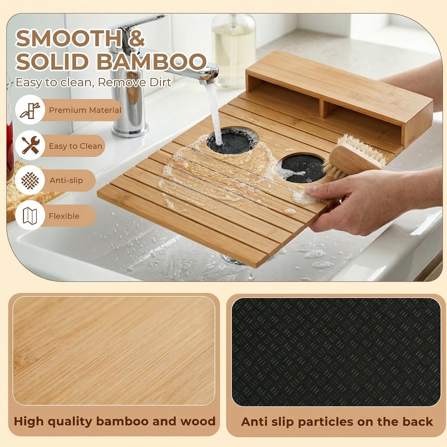 Solvio Bamboo Sofa Arm Tray with Cup Holder, Foldable Couch Arm Table with Anti-Slip Base, Wooden Armrest Organizer for Drinks, Snacks