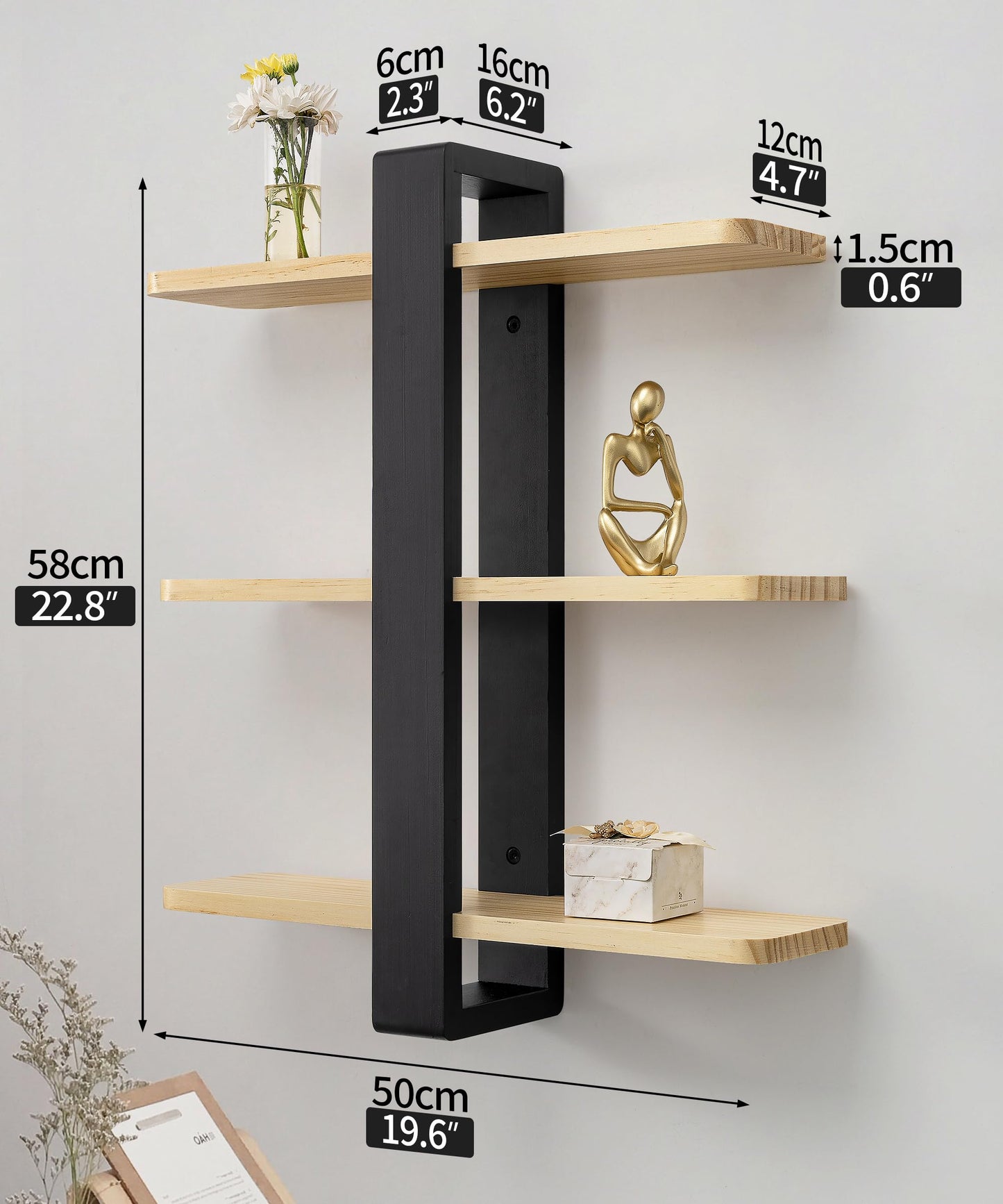 SUMGAR Floating Shelves for Wall Mounted Shelving Unit All Pine Wood 50CM 3 Tier Large Shelf for Bedroom Living Room Office Bathroom Home Decoration