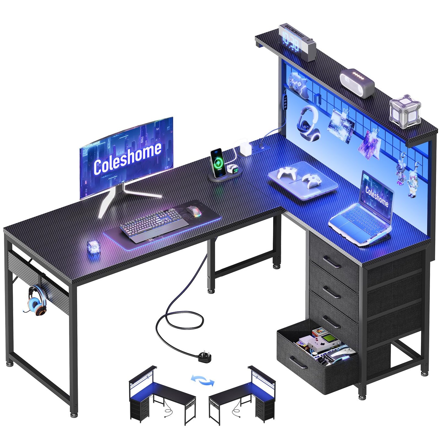 Coleshome L Shaped Gaming Desk with Drawers & Shelf, 130 × 100 cm