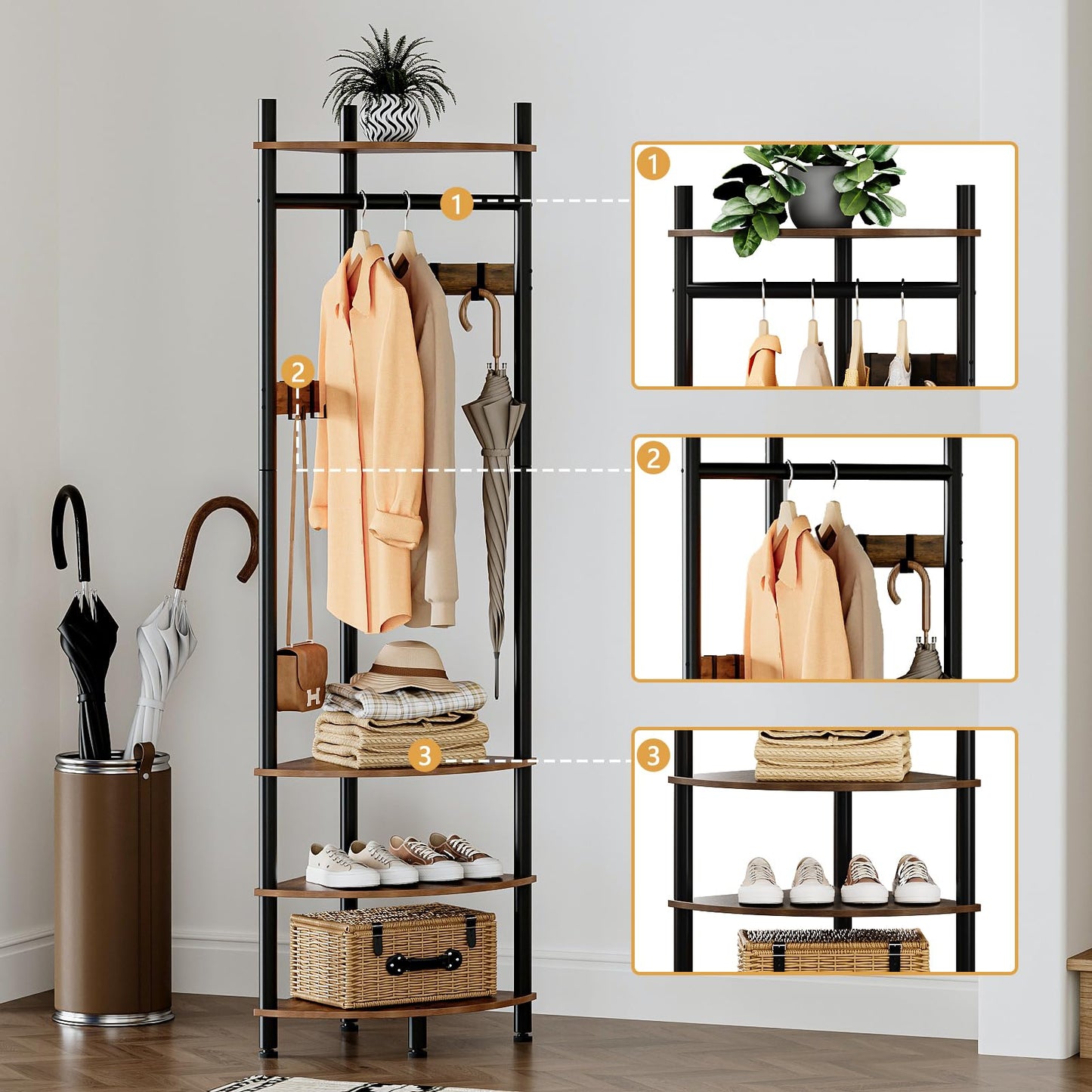 VEDECASA Corner Hall Tree Coat Rack with 4-Tier Shelves & Shoe Bench – Freestanding Corner Entryway Storage with 6 Movable Hooks