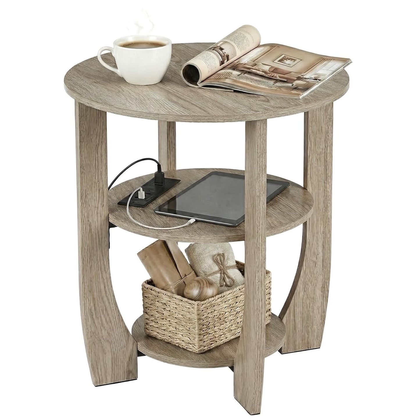 ZEXVIDA 3 Tier Round Side Table with Charging Station, Farmhouse Wood End Tables with Storage