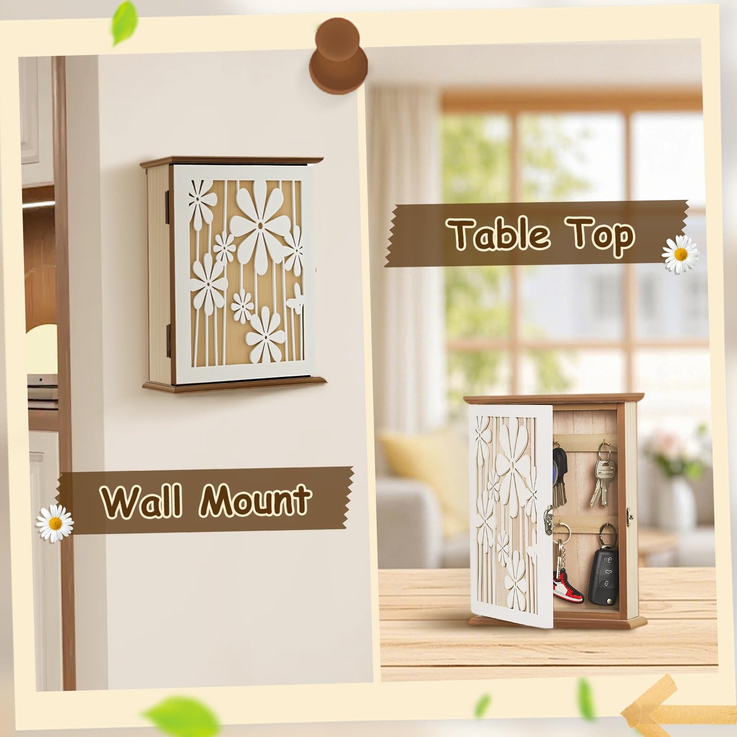 Wooden Key Cabinet, Elegant Daisy Wood Key Cupboard Wall Mounted Vintage Wooden Key Storage Box 26 × 20 × 6cm with 6 Hooks to Store Jewelry & Small