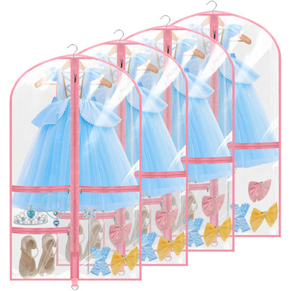 4 Pack Clear Dance Garment Bags 40" Dance Costume Bags with 3 Pockets,Pink