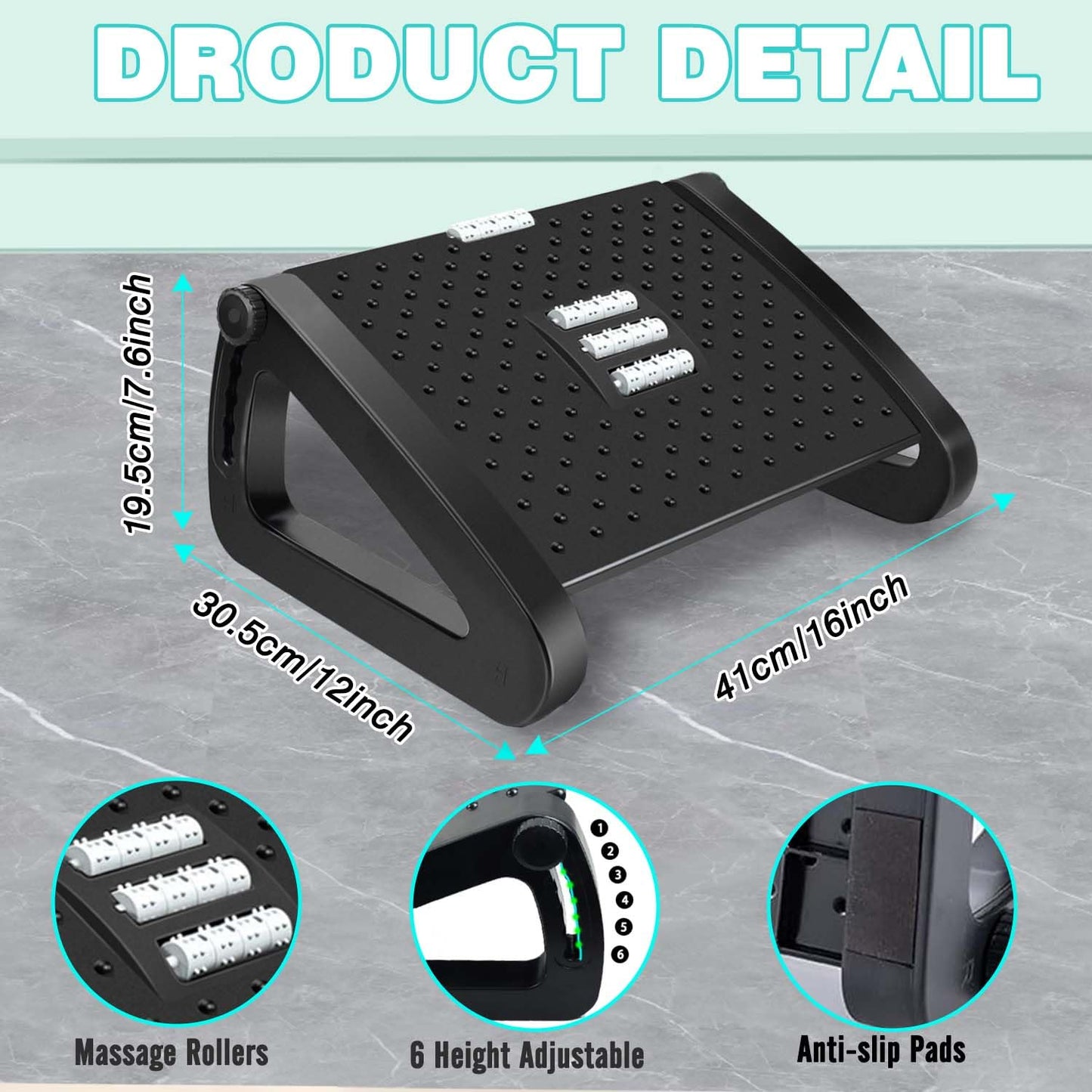 Hmfmdy Foot Rest Under Desk, Office Foot Rest with Massage Texture and Roller, Adjustable Height Ergonomic Foot Stool Under Desk for Office and Home