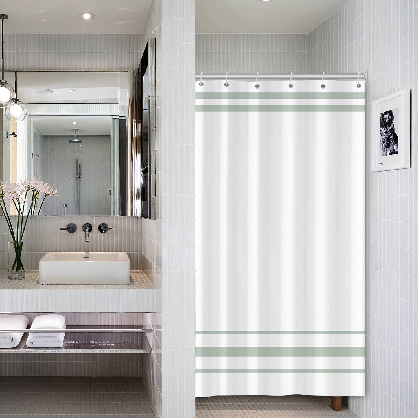 SDOTPMT 90x180cm Green and White Shower Curtain Modern Classic Green Striped Bath Curtain Countryside Farmhouse Minimalism Bathtub Curtain for