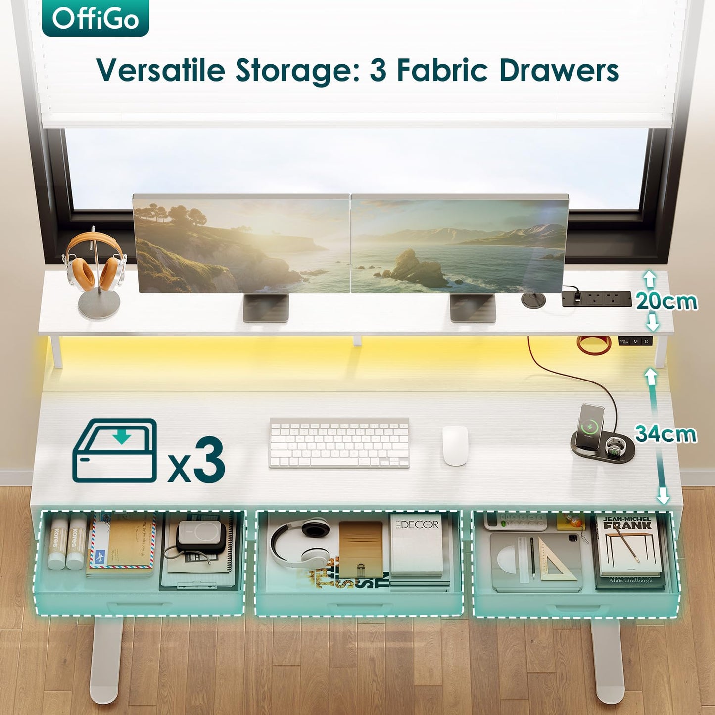 OffiGo Standing Desk with 3 Storage Drawers, 120cm Height Adjustable Desk