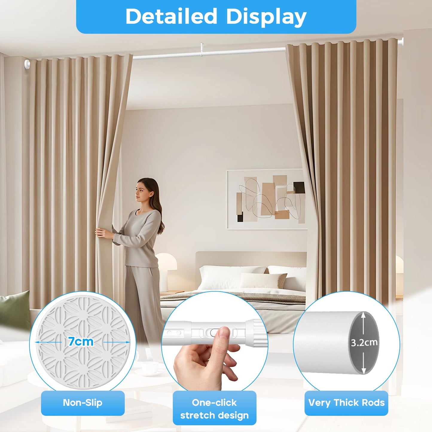 AIZESI White Shower Curtain Pole 104-322Cm, Extendable Curtain Poles Extra Long Tension Rod, Shower Curtain Rail Room Divider Curtain Rod
