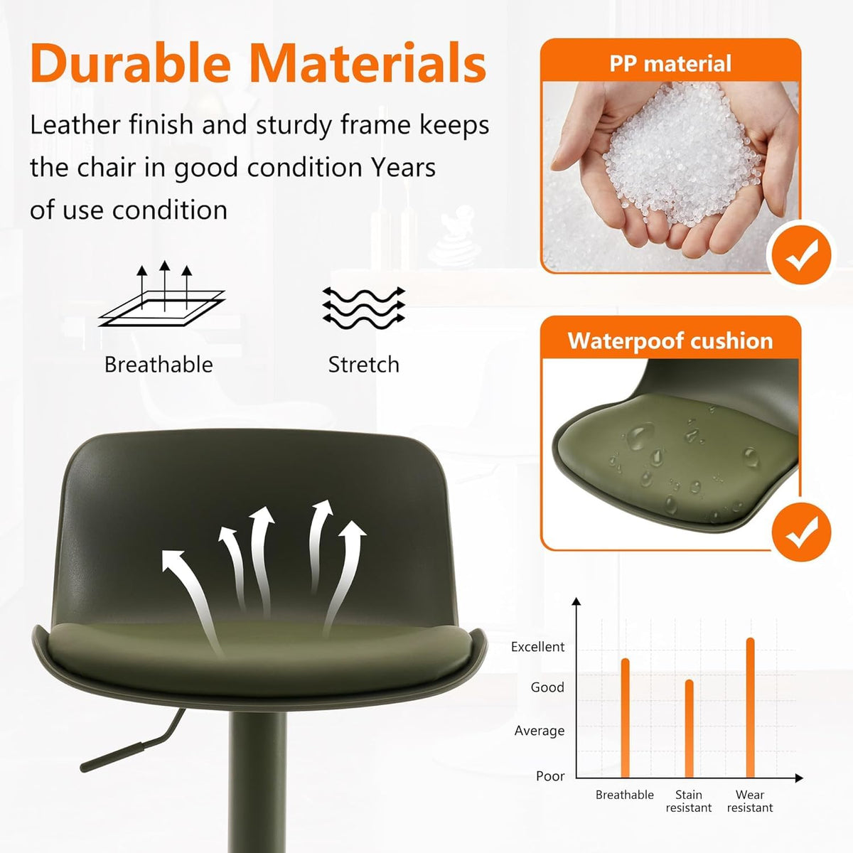 YOUNIKE Bar Stools Olive Set of 2 Modern PU Leather Counter Height Barstools, Sage Green Padded Adjustable Swivel High Chairs with Low Back for