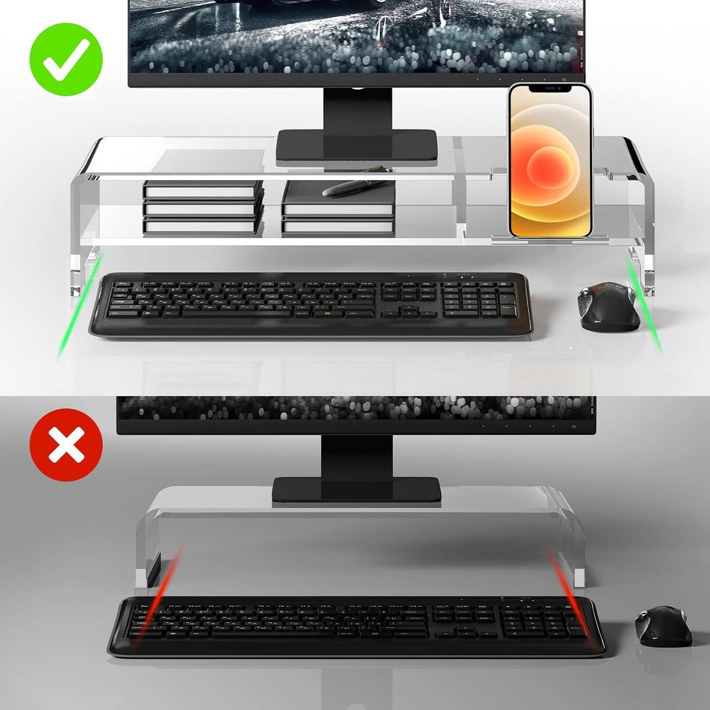 BEYGORM Acrylic Monitor Stand Riser, Wide 20", 2 Tier Computer with Storage, Desk Organizer Desktop Printer Laptop Storage Shelf Screen Holder Phone