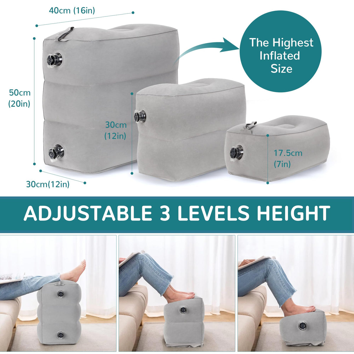 RISEPRO Inflatable Travel Foot Rest Pillow, Adjustable 3 Layers Height Leg Rest Pillow, Kids Airplane Bed, Adults Travel Essentials on Plane, Trains