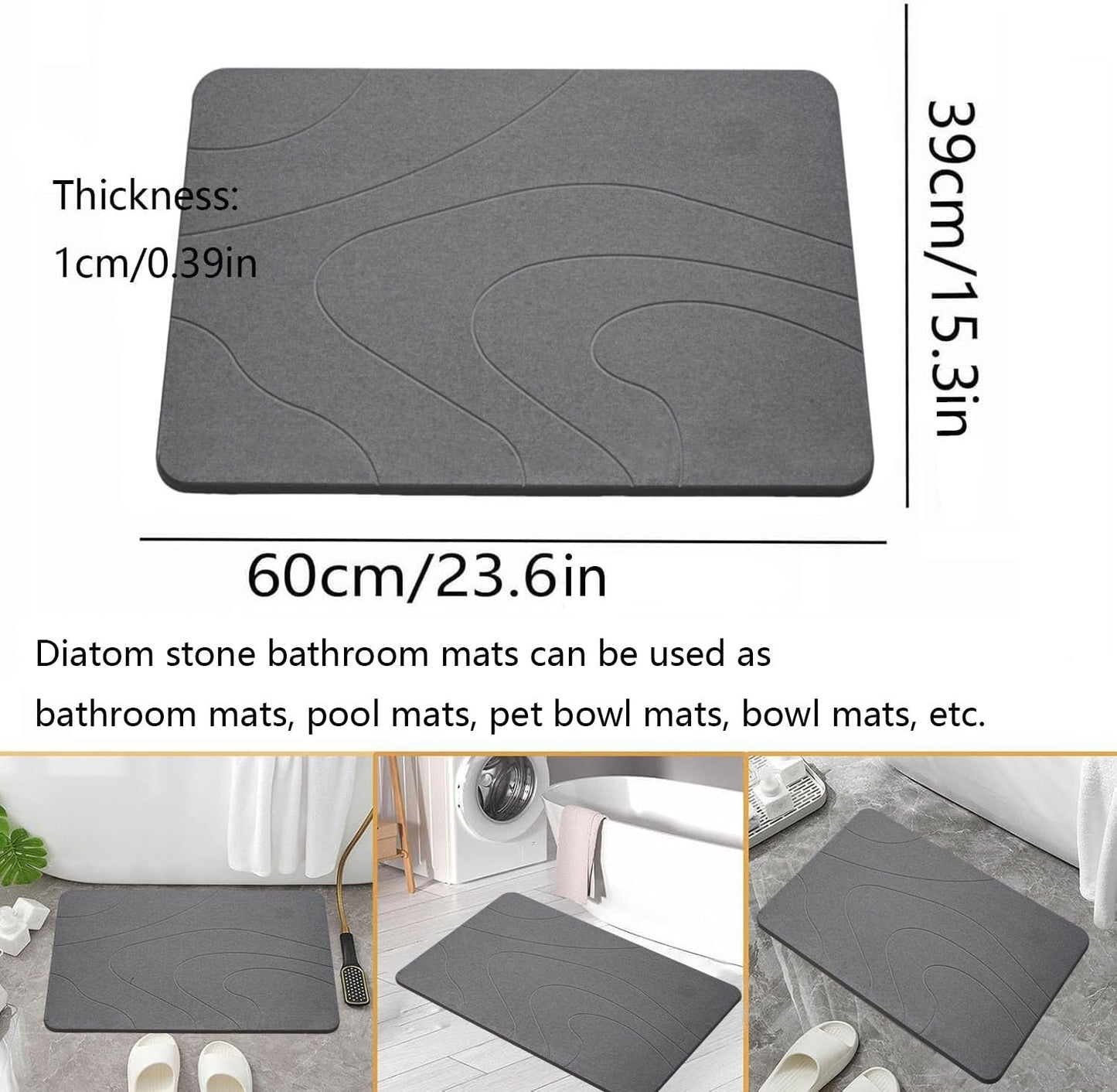 Dai Lufei Stone Bath Mat - Natural Diatomaceous Earth Super Absorbent Shower Mat, Quick Drying, Non-Slip Bath Mat, Bath and Bathroom Floor (Dark Grey)