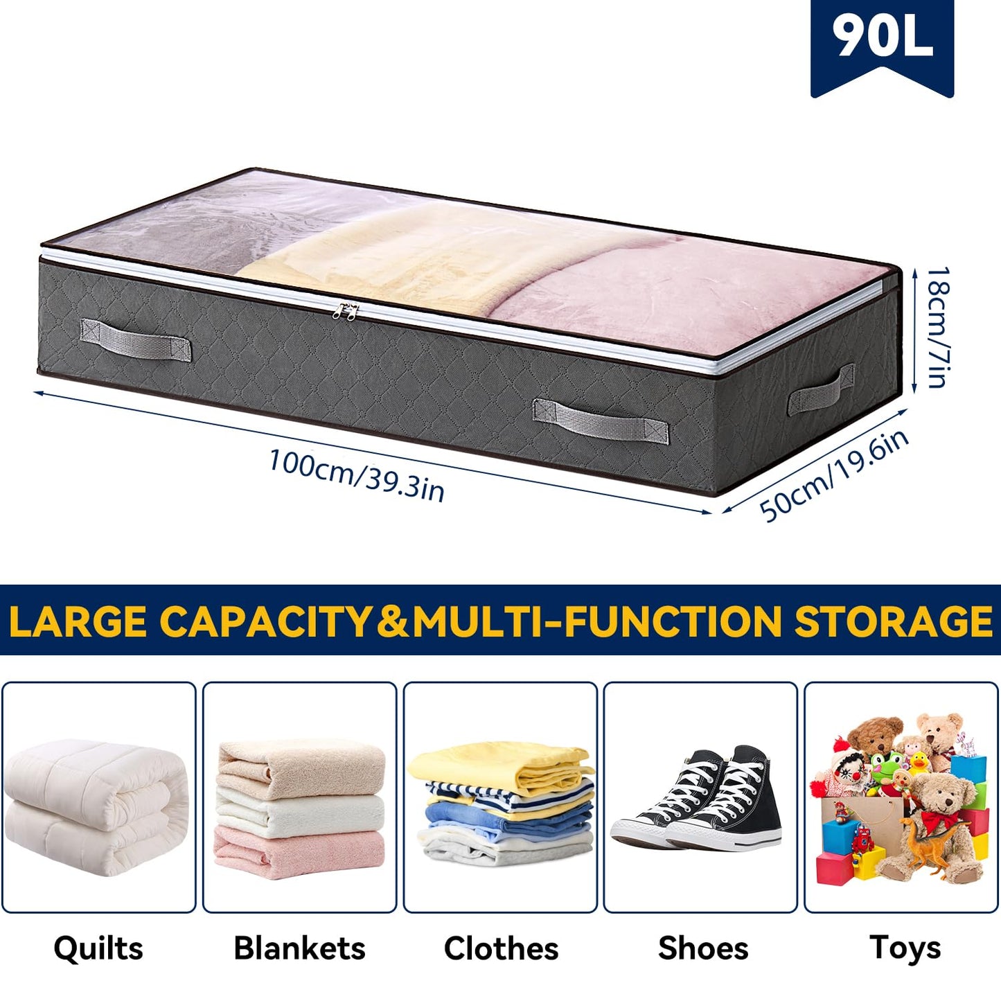 Boic 2 Pack 90L Underbed Storage Bags, Under Bed Storage Box With Lid, Clothes Storage Bag Foldable