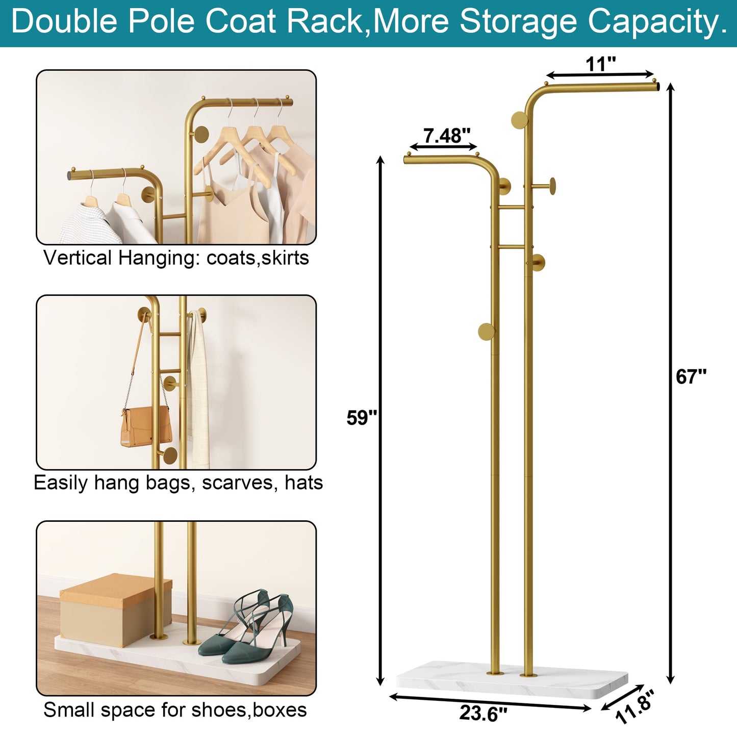 HOME BI Metal Coat Rack, Modern Coat Tree with 5 Hooks, Double-pole Clothes Hanger Stand, Freestanding Coat Rack for Entryway, Closet, Bedroom, Gold