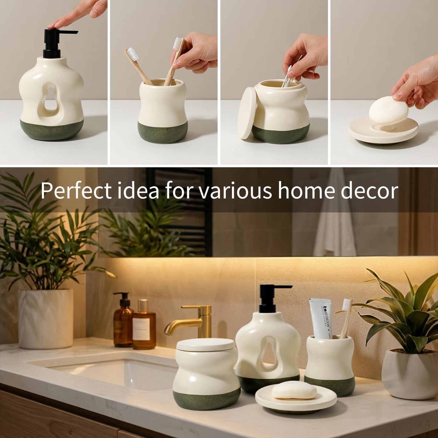 BosilunLife Bathroom Accessories Set of 4 - Beige&Green Bathroom Countetop Soap Set Lotion Soap Dispenser Sets Toothbrush Holder and Soap Dish