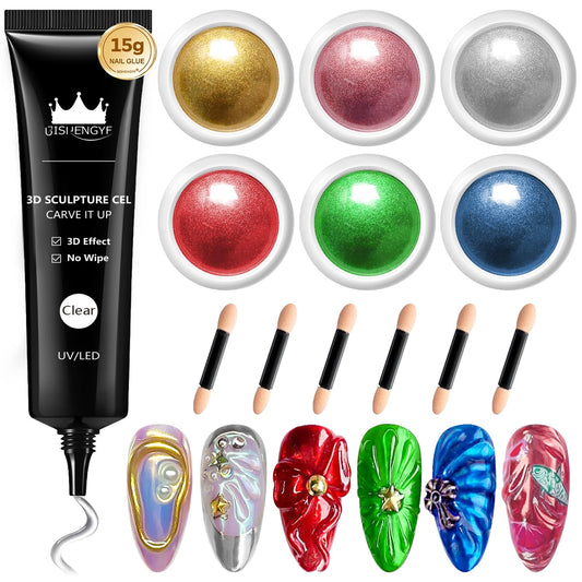 BISHENGYF No Wipe 3D Sculpting Nail Gel: Clear Rhinestone 3D Nail Gel and Gold Silver Pink Chrome Nail Powder,Red Green Painting Carved Gel Nail