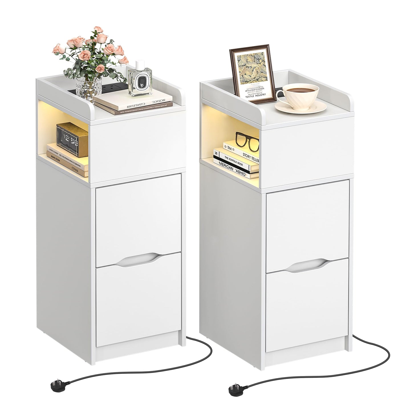 Quikraen Set of 2 Slim Bedside Table with Charging Station&Sensor LED Light