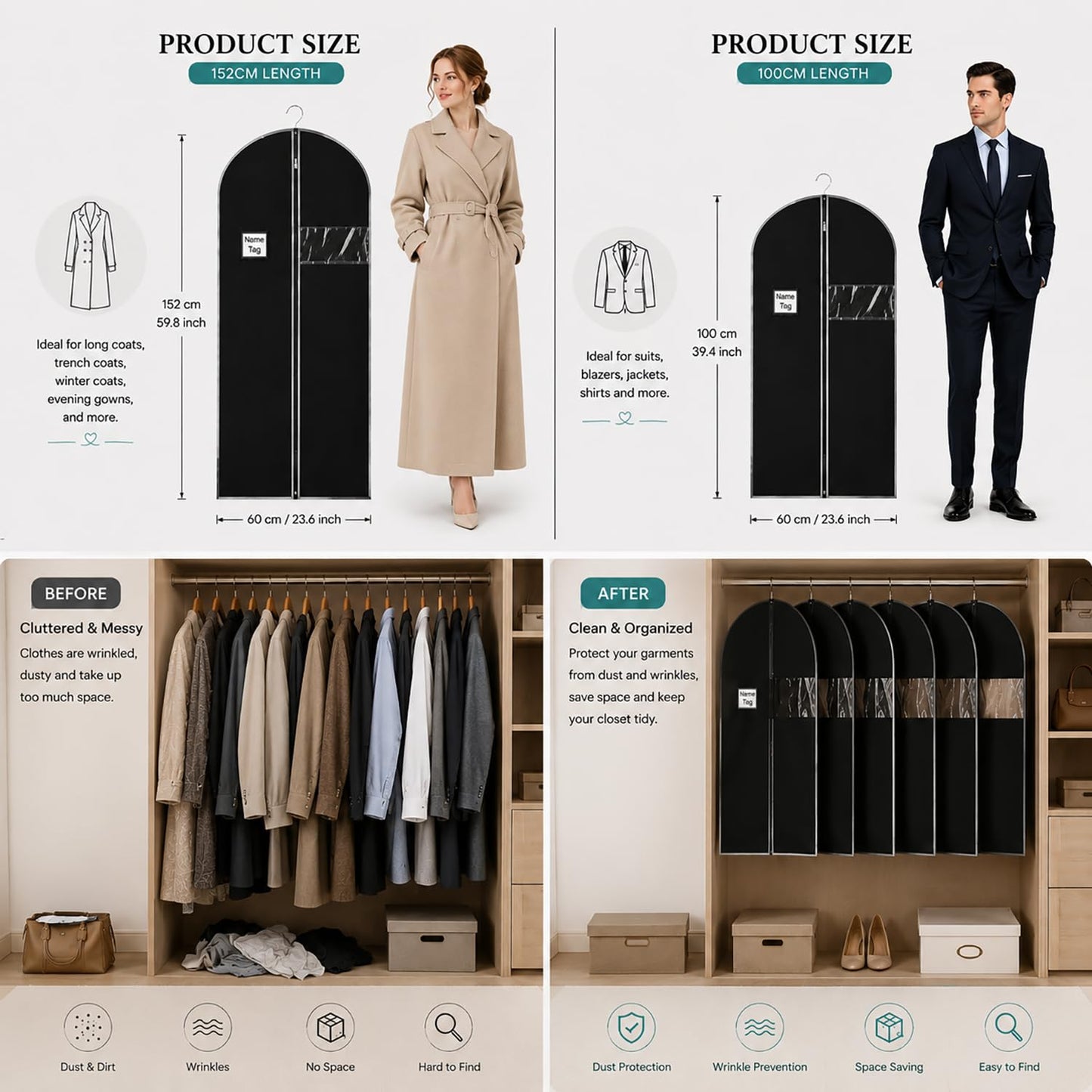 URMI Suit Bag, Breathable 60 x 100cm (5 PCS) Garment Bags Clothes Bags for Storage with Clear Window Dust Moth Proof Dress Bags Protector for Suit