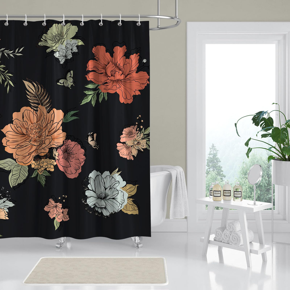BREASOME Waterproof Shower Curtain 180 x 180 cm Floral and Butterfly Shower Curtain for Bathroom Decor Mould Proof Polyester Fabric Bath Curtain with