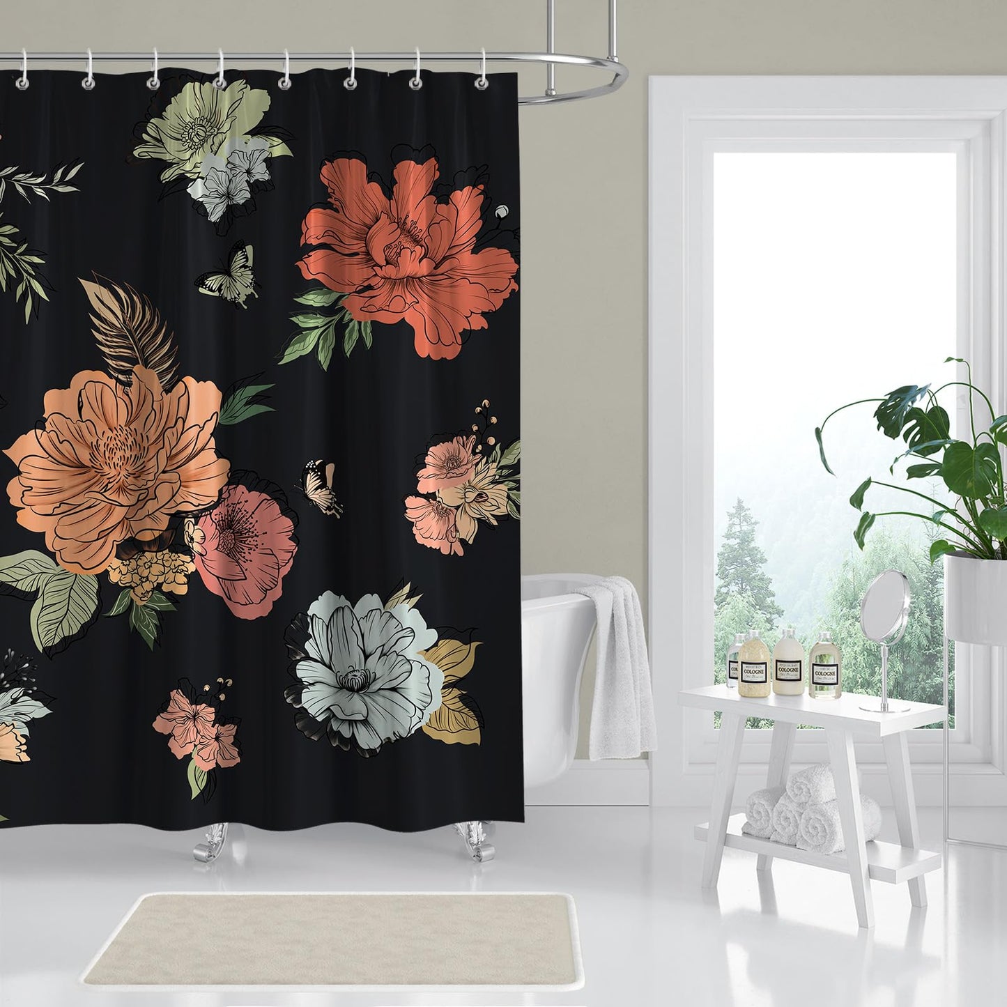 BREASOME Waterproof Shower Curtain 180 x 180 cm Floral and Butterfly Shower Curtain for Bathroom Decor Mould Proof Polyester Fabric Bath Curtain with