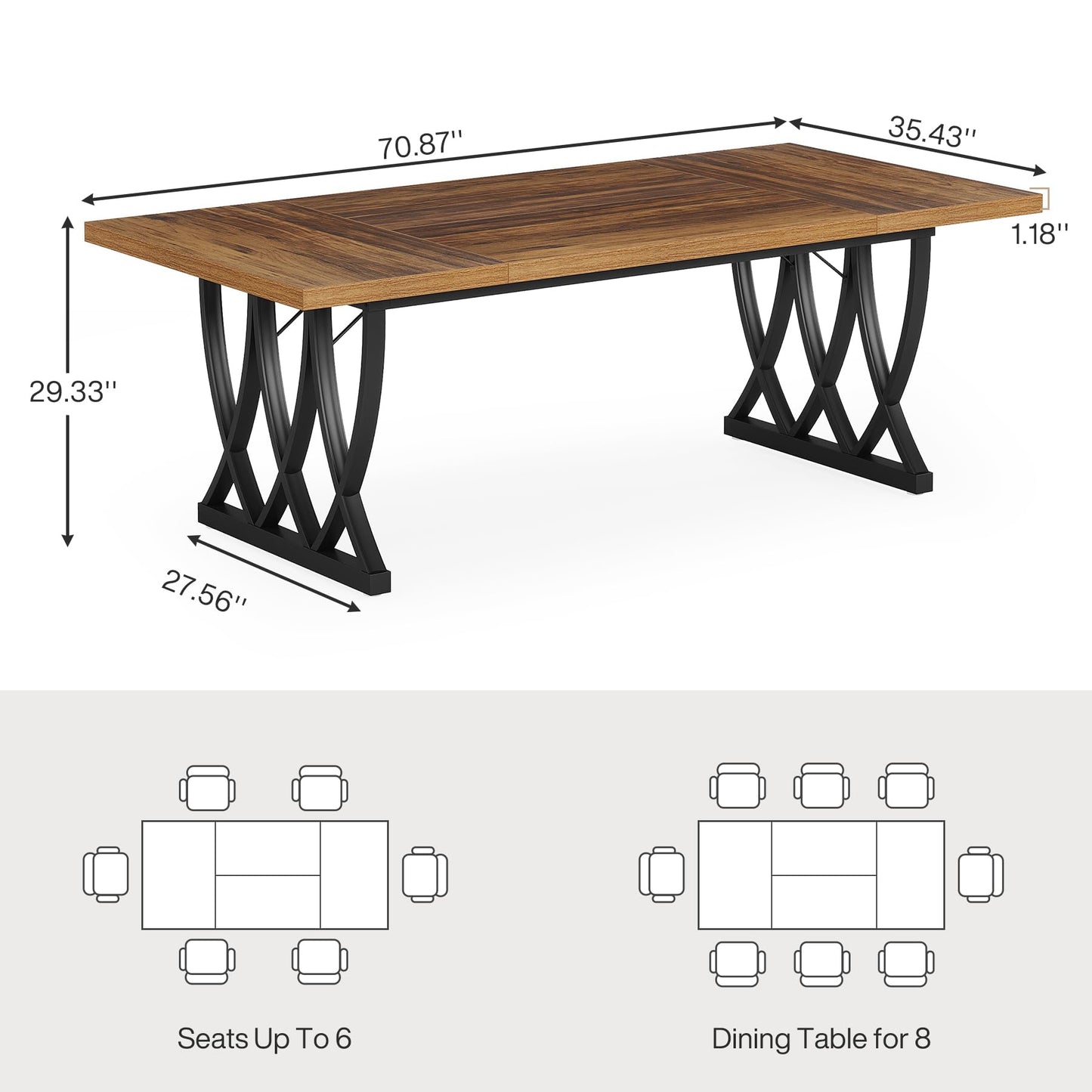 Tribesigns Dining Table for 6-8 People, 70.86-Inch Rectangle Wood Kitchen Table, Dinner Table with Heavy Duty Metal Frame for Kitchen, Living Room