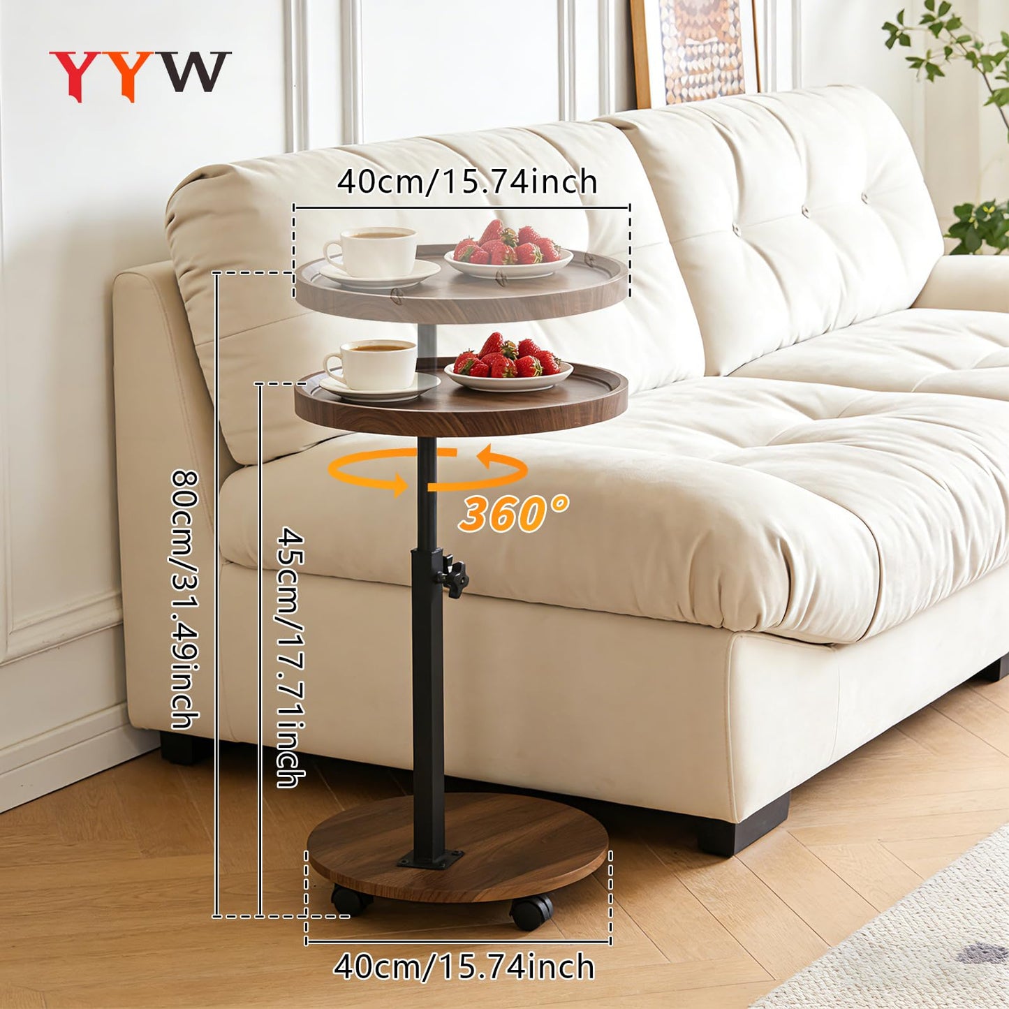 YYW C Shaped End Table Adjustable Height, Couch Tables That Slide Under for Small Spaces, 360°Swivel TV Tray Table