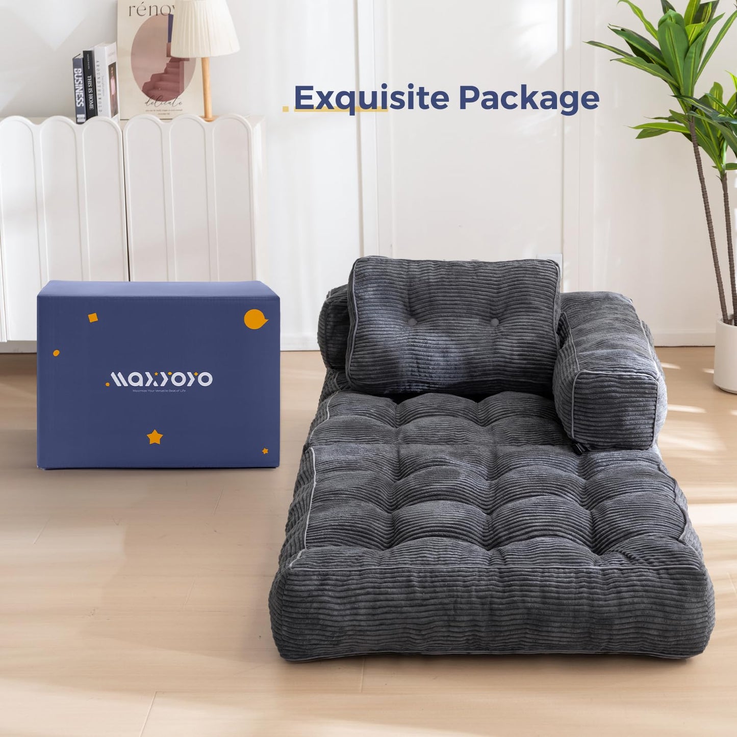 MAXYOYO Foldable Sofa Bed,Bean Bag Couch Convertible Sleeper Chair with Armrest L-Shaped Floor Lounge Sofa with Pillow Portable Lounge Seat for