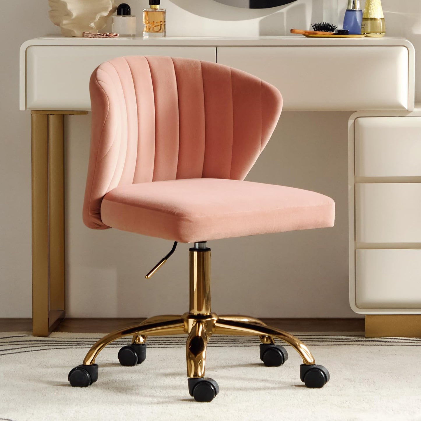 HULALA HOME Height Adjustable Swivel Desk Chair with Gold Base, Pink