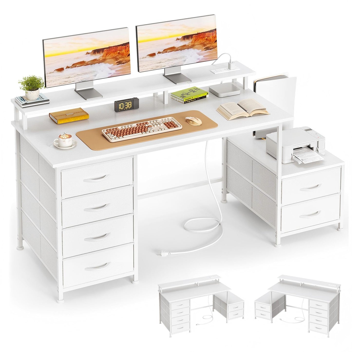 Flrrtenv 128cm Desk with Fabric File Cabinet, Computer Desk with Shelves and Drawers, Writing Table with Monitor Stand