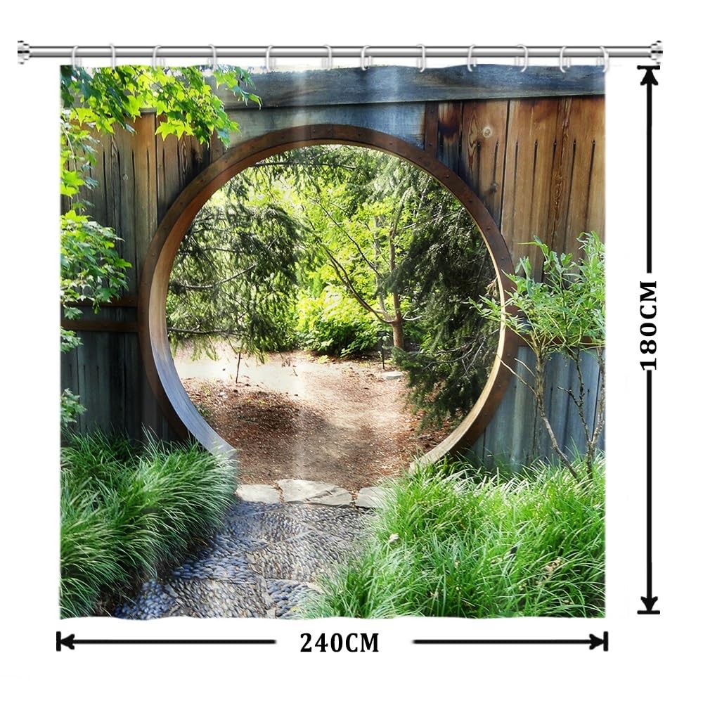 Xiaoterna Japanese Garden Shower Curtain 3D Spring Forest Nature Scenery Bathroom Curtain Circle Rustic Wooden Doorway Gate Green Plant Sunshine