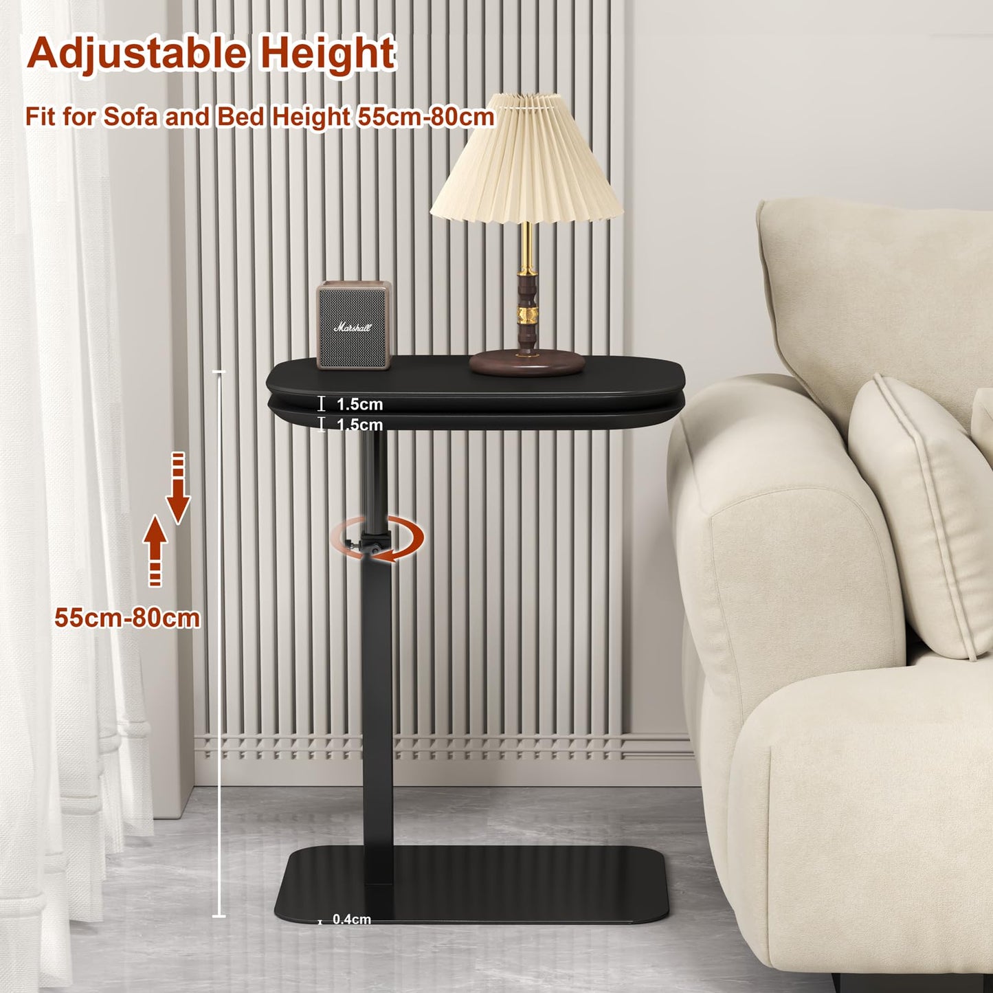 Adjustable Height C Shaped Side Table, 360°Swivel Bedside Table, Double Tabletop Laptop TV Tray Table Narrow End Table for Sofa/Bed
