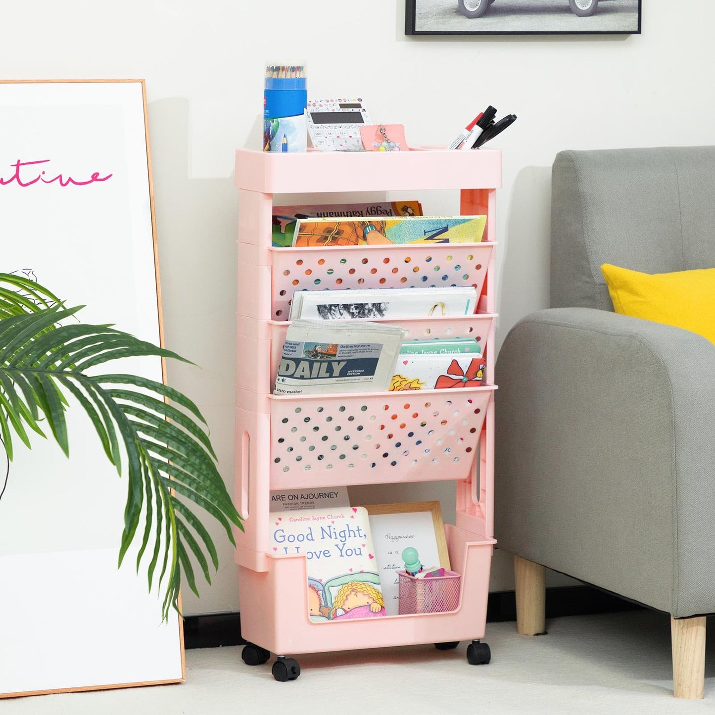 DOEWORKS Mobile Bookshelf with Wheels Small Rolling Book Storage Trolley Craft Trolley Art Trolleys 5-Tier Slim Bookcase Movable Bookshelf for Living