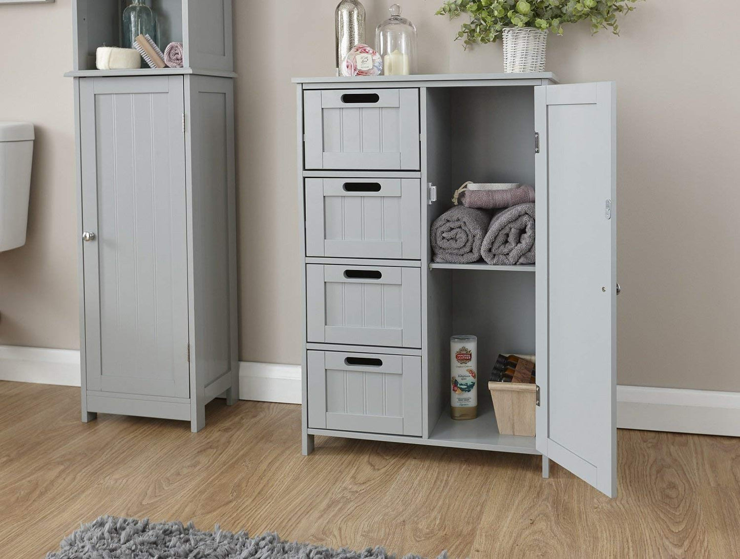 Home Source Colonial 4 Drawer 1 Door Chest of Drawers Multi Storage Tong & Groove - Grey