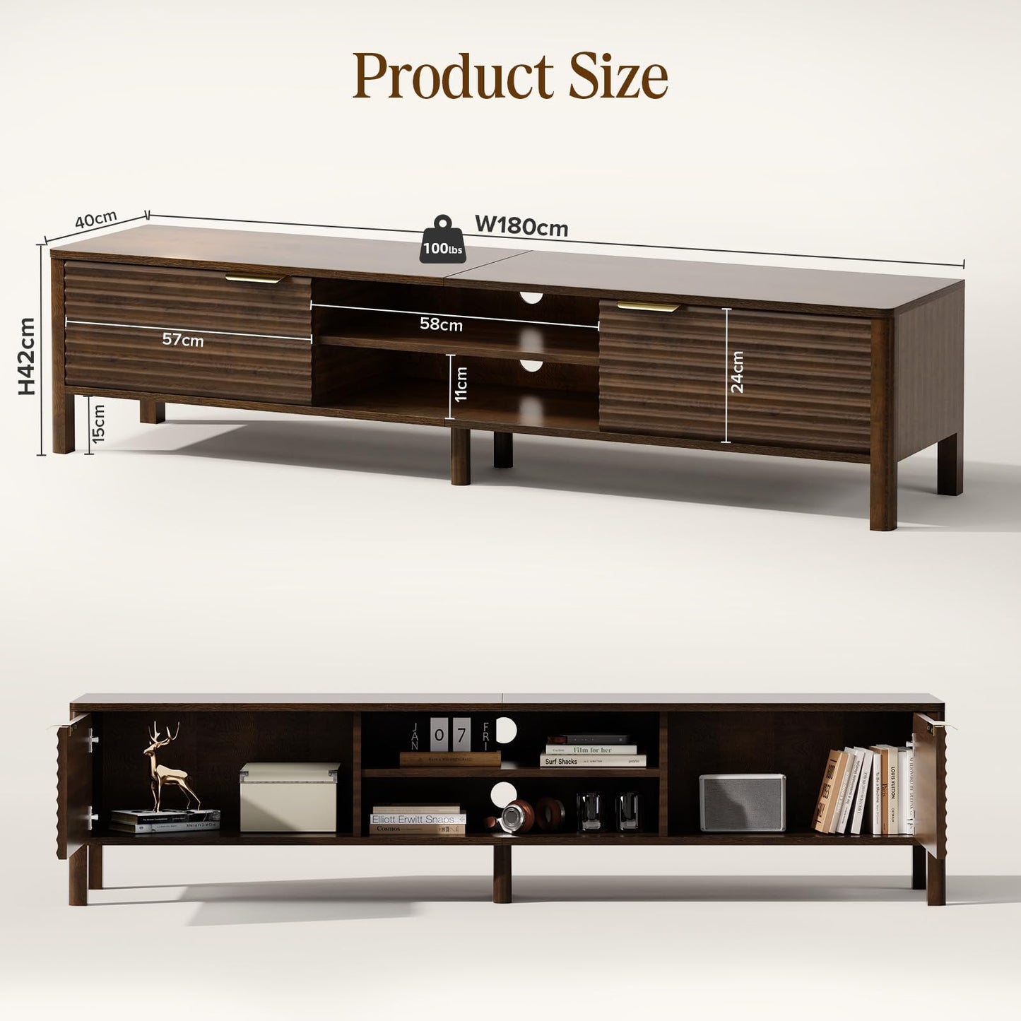 IKALIFE 180cm Walnut TV Unit, Wooden TV Stand Cabinet with Storage