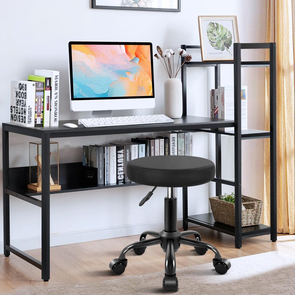 KKTONER Round Rolling Stool Height Adjustable Stool PU Leather Chair with Wheels Salon Spa Drafting stools Small (Black)