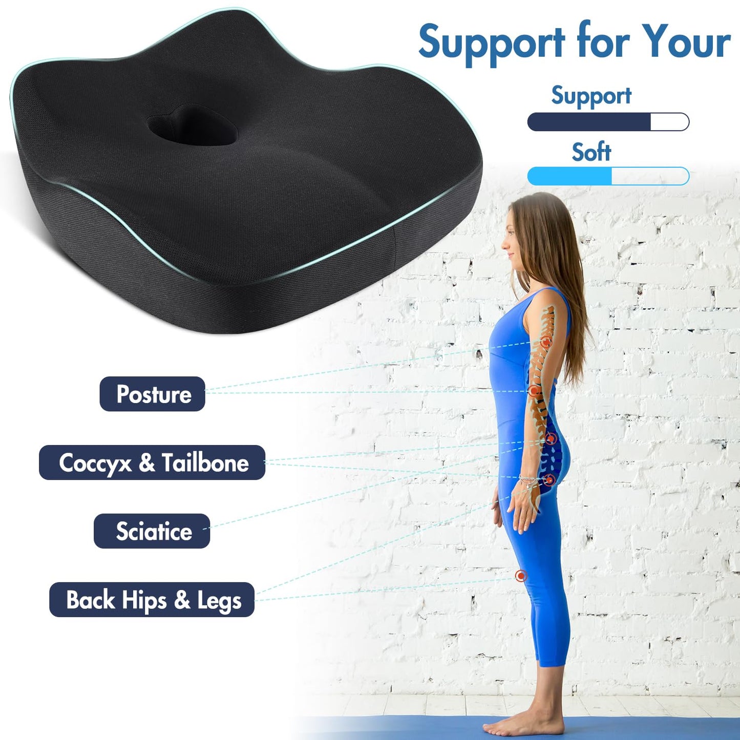 SKYNY Memory Foam Seat Cushion – Ergonomic Coccyx Cushion for Tailbone Pain & Sciatica Relief – Pressure Relief Cushion for Back Pain, Office Chair