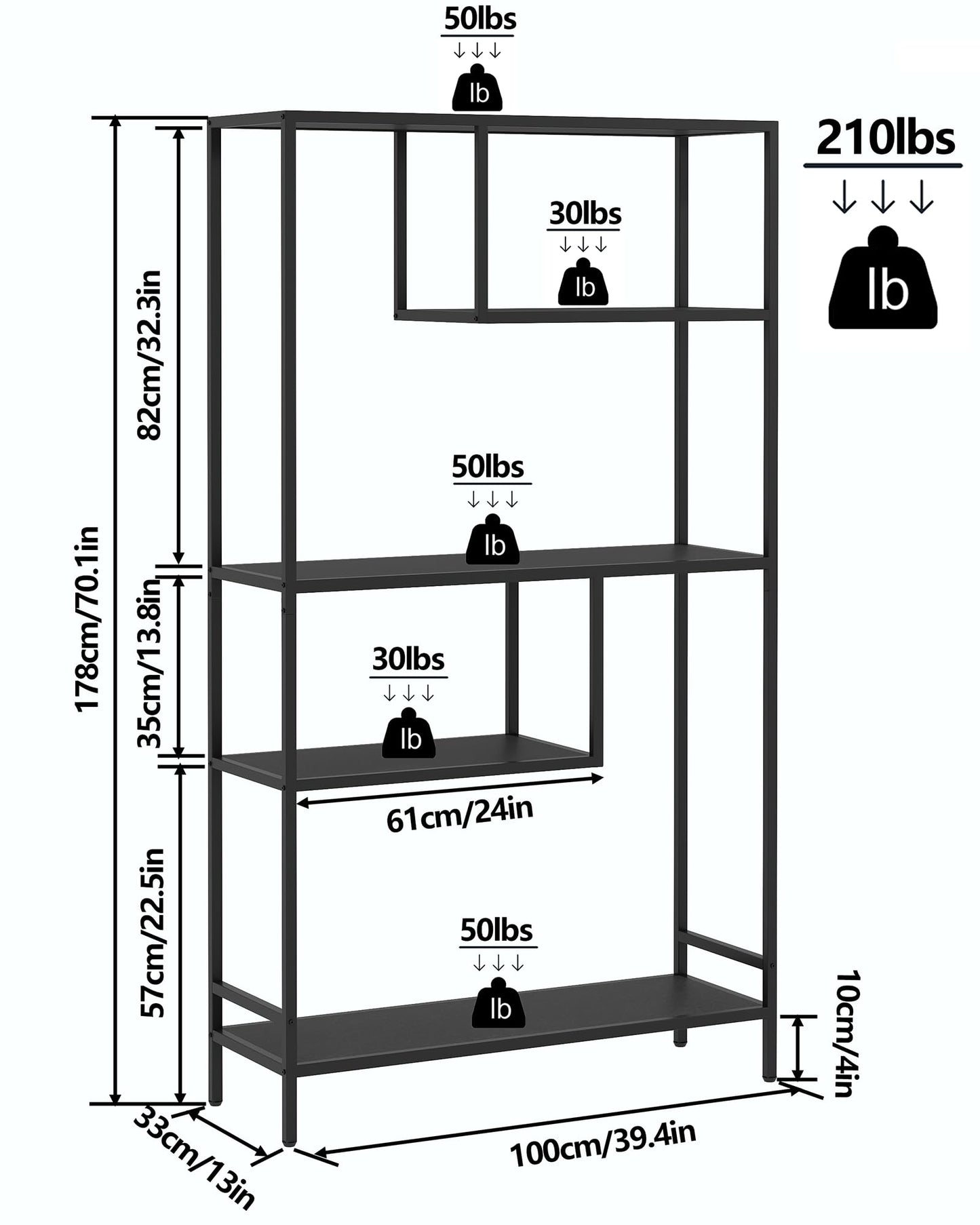 Yusong Black Bookshelf, Industrial Bookcase Open Storage Shelves with Metal Frame, Freestanding Display Rack Tall Shelving Unit for Living Room