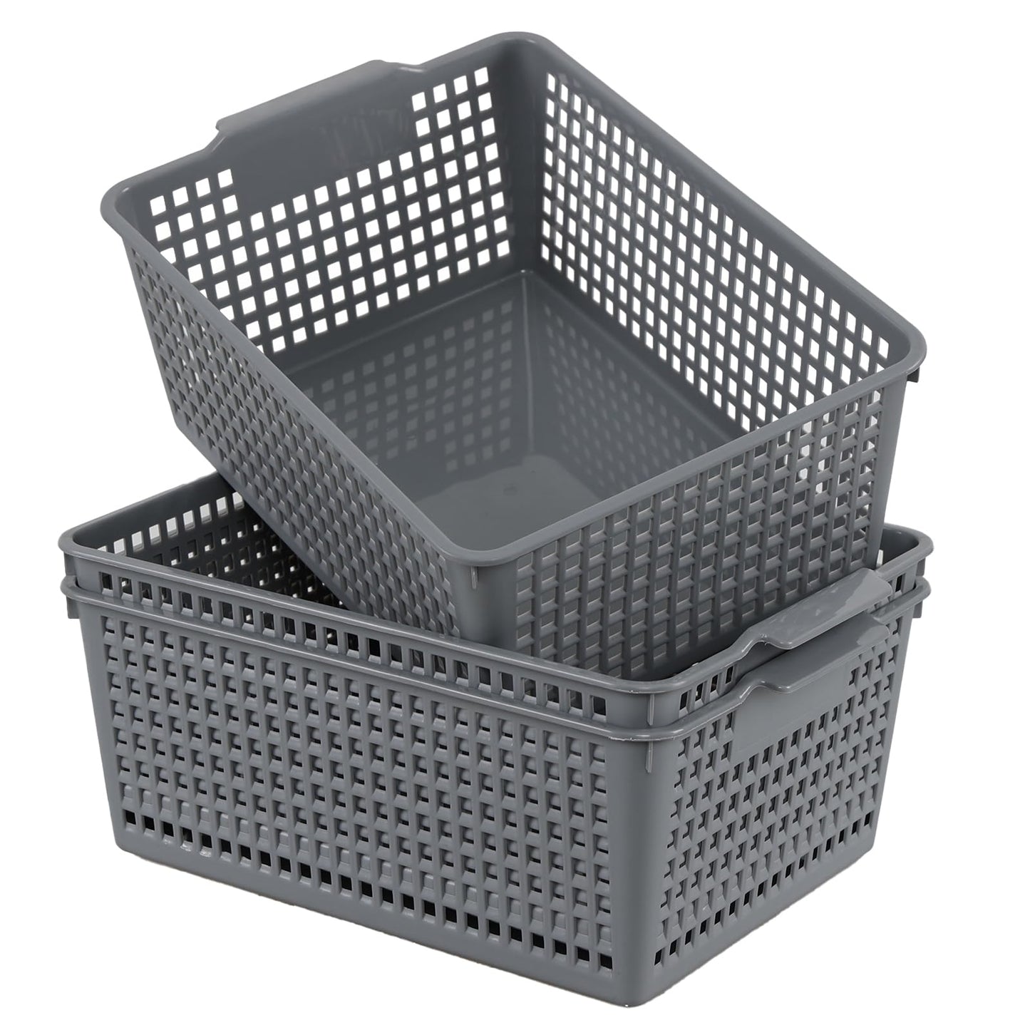Afromy Set of 3 Plastic Storage Baskets, Rectangular Weave Storage Basket Bin, Grey