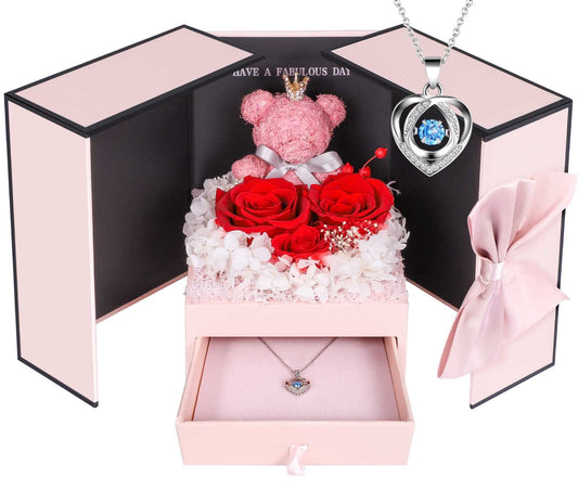 ADDWel Romantic Roses Gifts for Her, Preserved Roses Forever Flowers with Sterling Silver Necklace for Wife Girlfriend on Birthday Anniversary Mothers