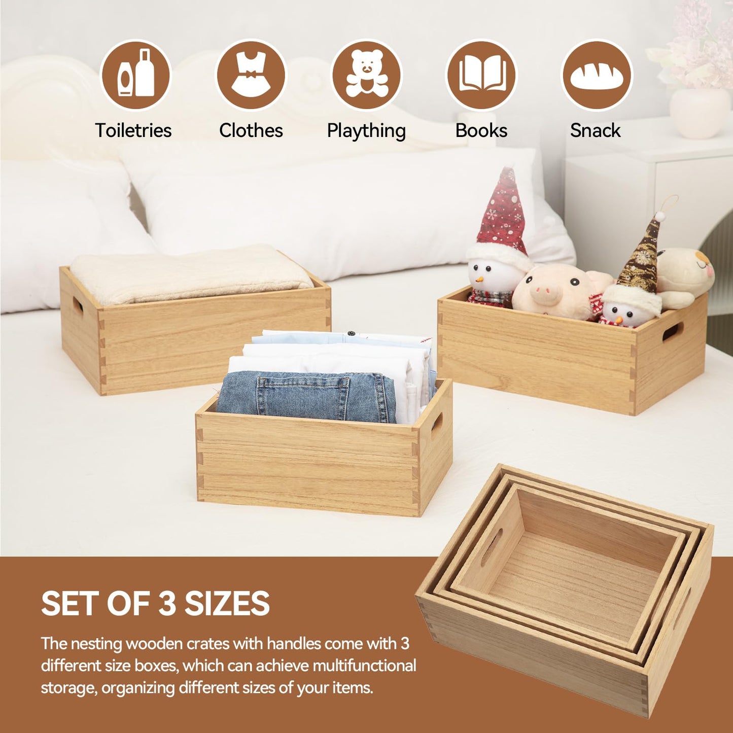 KIRIGEN Wooden Storage Crates with Handles, Set of 3, Natural