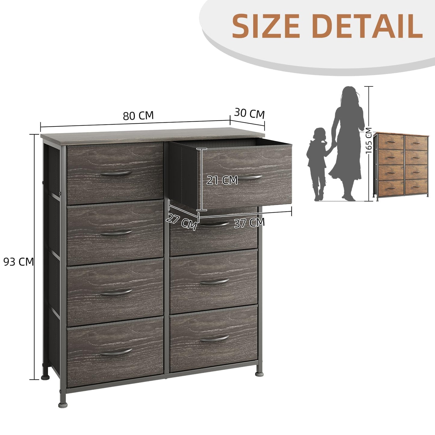 MUTUN 8 Drawers Chest of Drawers, Fabric Storage Dresser Vertical with Spacious Wooden Tabletop & Sturdy Metal Frame Large Storage Space for Bedroom