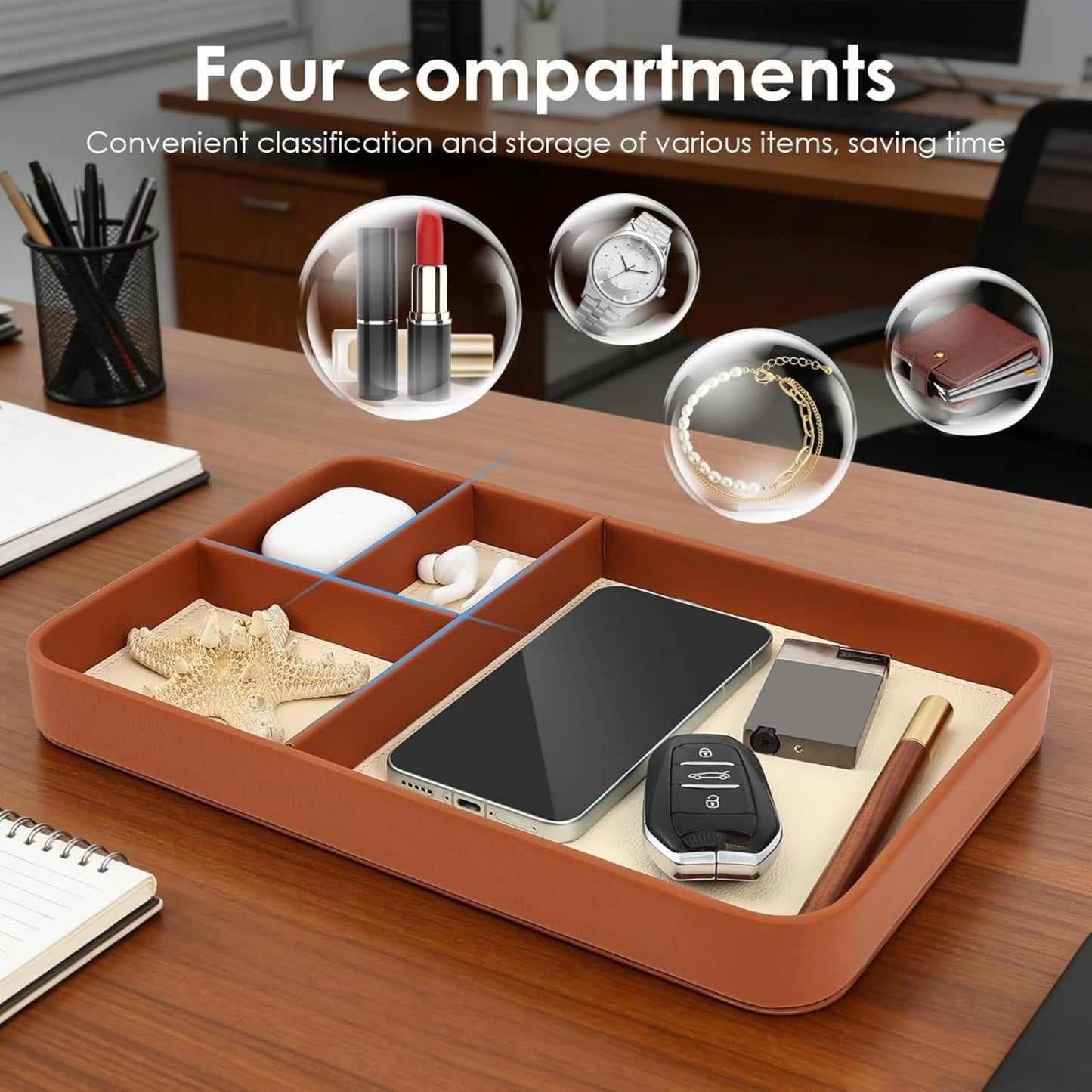 HapSmile PU Leather Valet Tray,30 x 20 cm Stylish Nightstand Organizer Bedside Desk tray for Watch, Keys, Phone, Wallet, Coin, Jewelry