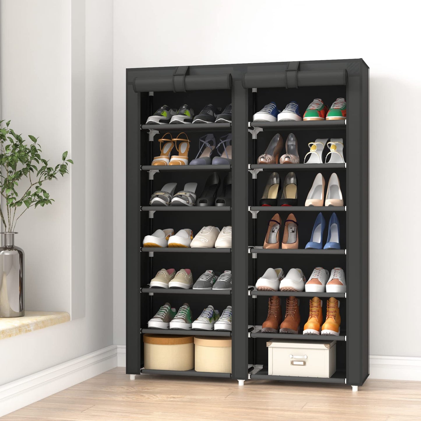 JIUYOTREE 7-Tier Dustproof Shoe Rack Holds 28 Pairs Shoes, Black