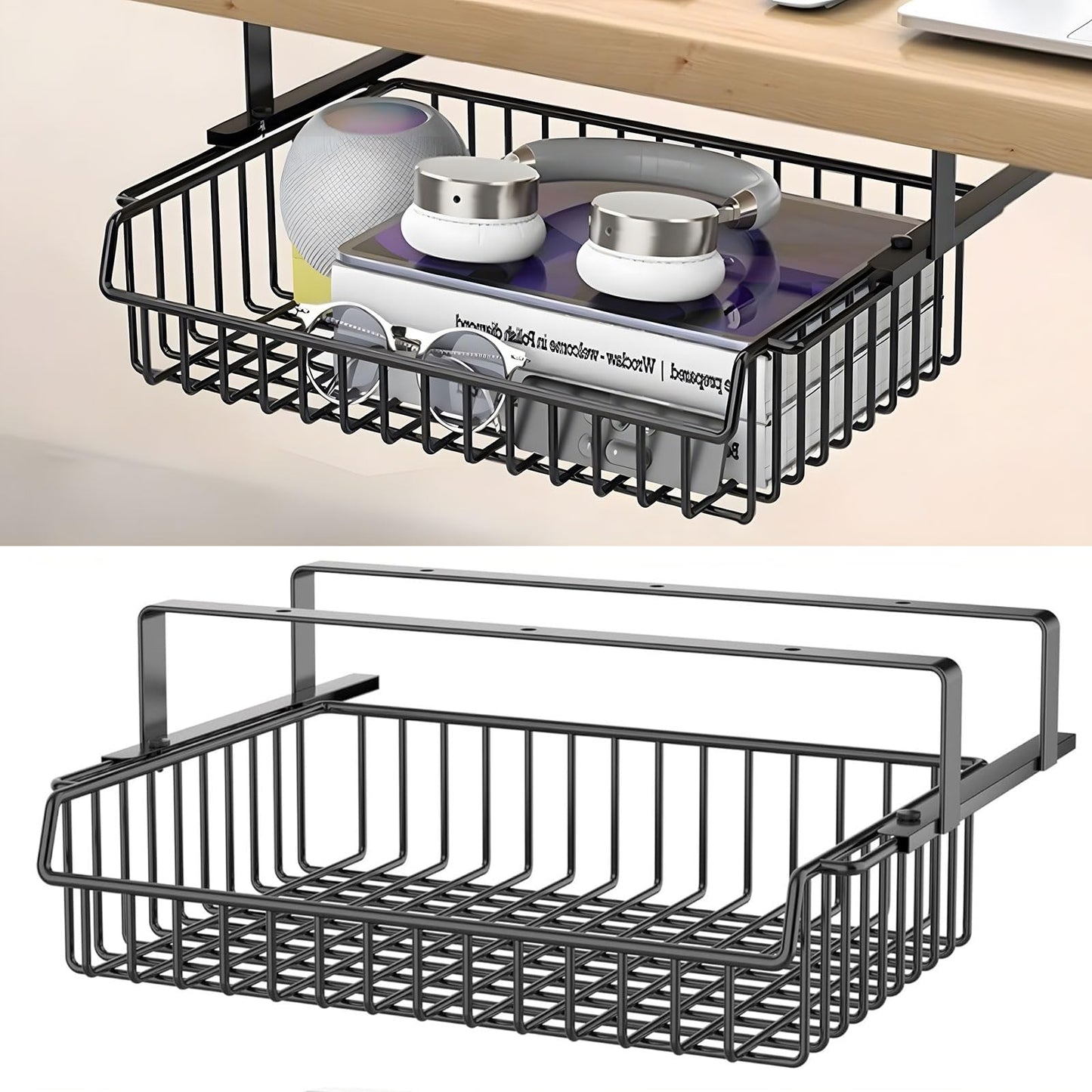 Gemsaya Under Desk Drawer Organiser, Self-Adhesive Hidden Pull Out Shelf Storage Drawer Box