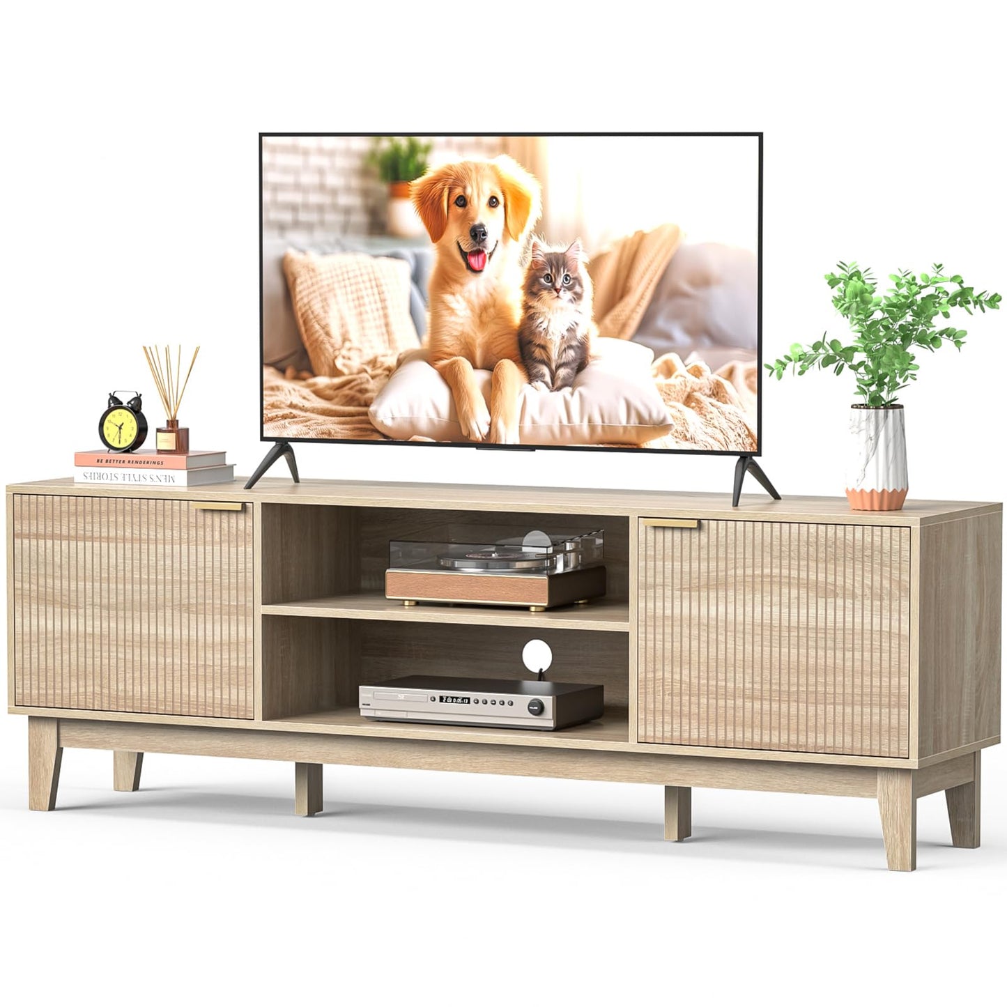 Skokliz TV Unit, 178cm Fluted TV Stand Cabinet, Mid-Century Modern TV Console for TVs up to 80 inch, Farmhouse TV Cabinets with 2 Storage
