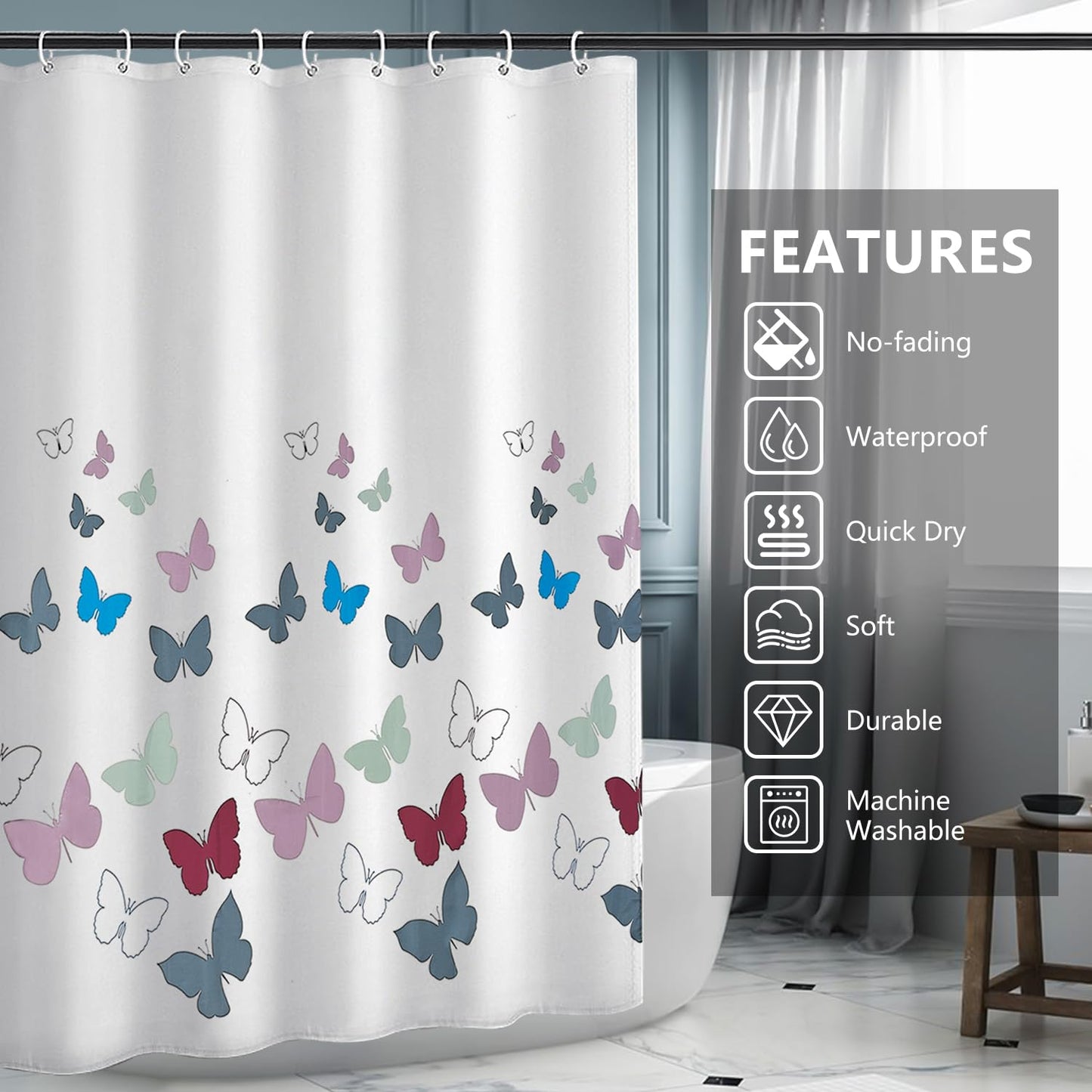 AWIYTE Shower Curtain 180 x 200 cm (71 x 79 Inch), Waterproof Polyester Textile Fabric Machine Washable with 12 Plastic Hooks & Weighted for Bathroom