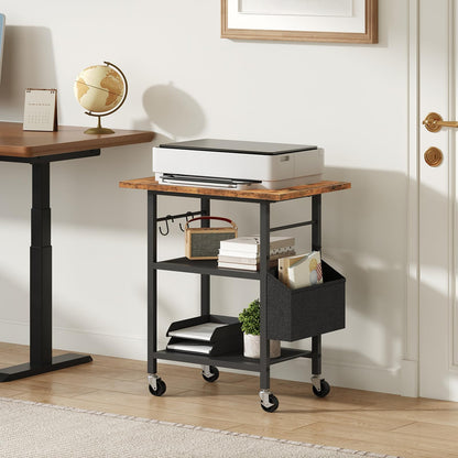 MAHANCRIS 3-Tier Printer Stand, Rolling Printer Table on Wheels, Industrial Storage Stand with Side Pocket, Wooden Tabletop