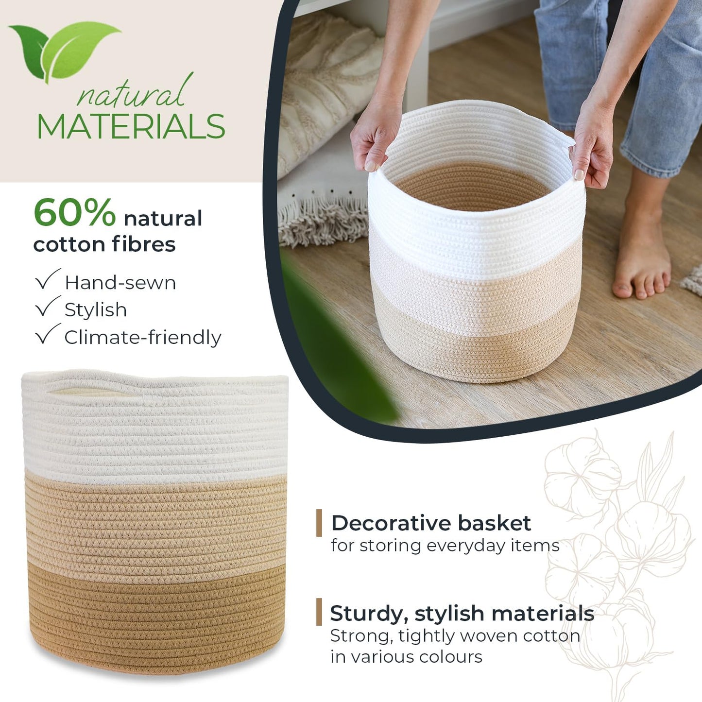 HMF Storage Basket with Hidden Handles, Round Basket Fits Kallax | 31 x 31 cm | White/Brown